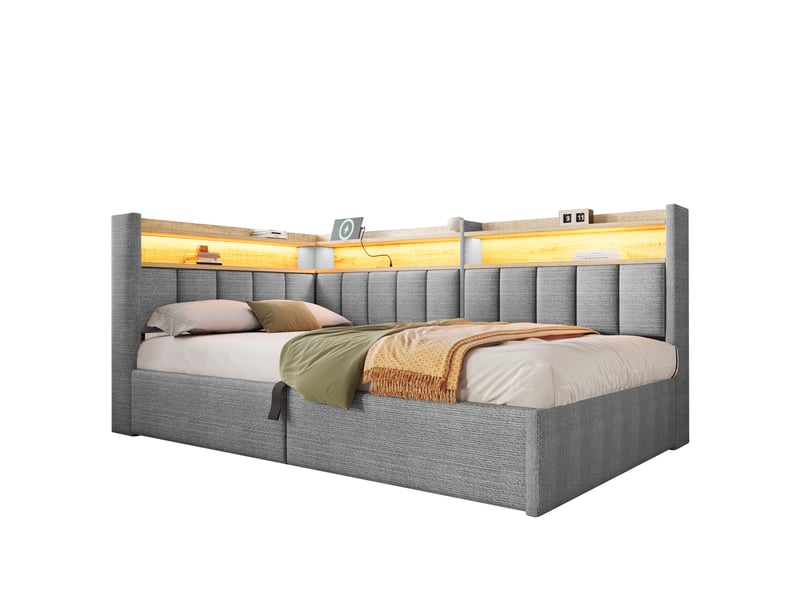  Lit coffre hydraulique 90x200 cm avec led, usb-a et usb-c et tête réversible, velours gris, sans matelas  - Conforama A