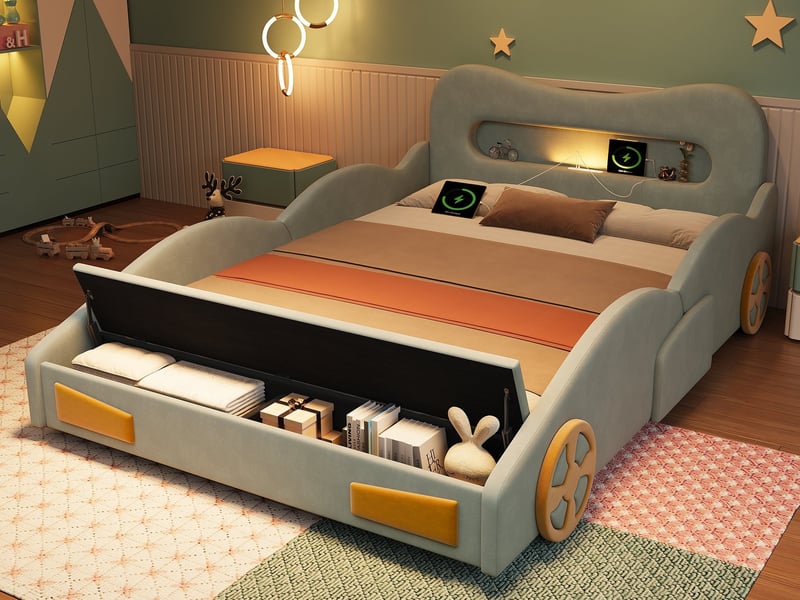  Lit enfant 140 x 200 cm, lit voiture vert en tissu façon flanelle, avec liseuse, port de charge, coffre de rangement au pied du lit  - Conforama B