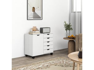Meuble de rangement pour bureau 5 tiroirs 1 porte étagère réglable, support imprimante roulettes, 78x40x66,5 cm, blanc