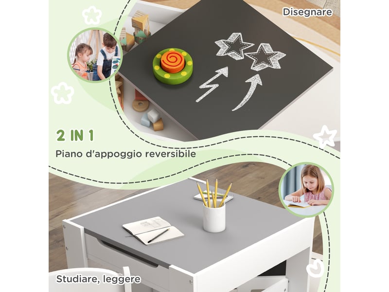  Ensemble table et 2 chaises pour enfants, table 3 en 1 avec tableau noir et rangement, gris  - Conforama E
