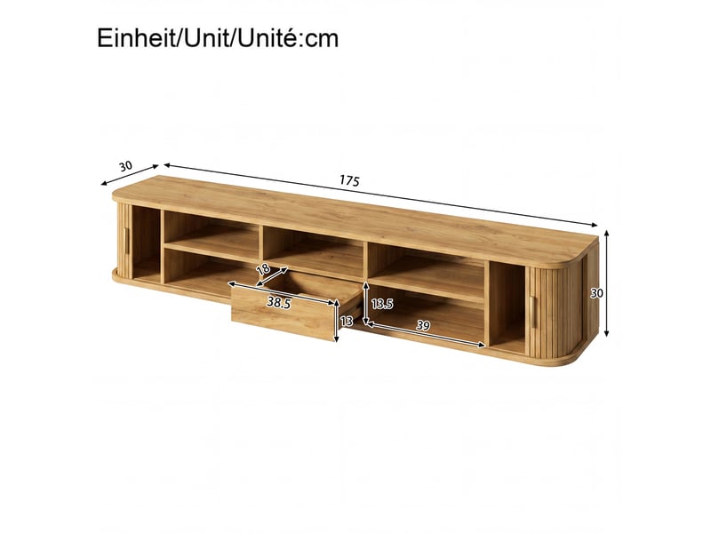  Meuble tv suspendu 175 x 30 x 30 cm portes coulissantes rainurées verticales led réglable par application mdf naturel  - Conforama C