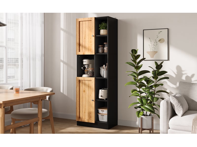  Meuble d'angle avec 2 portes, 6 niches et étagères réglables, pour cuisine, noir et naturel, 50 × 35,5 × 170 cm  - Conforama C