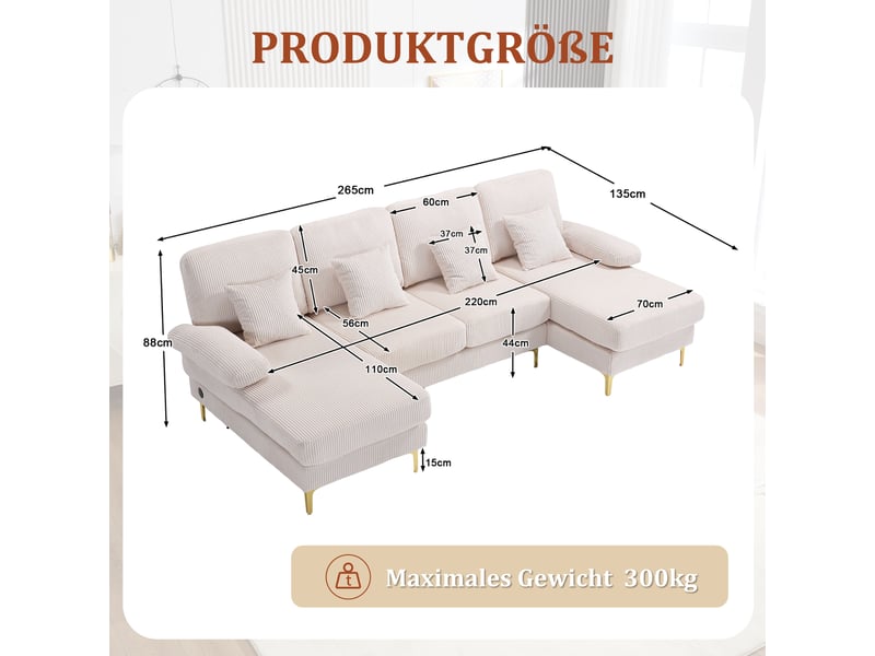  Canapé d'angle, canapé moderne – éclairage led, beige, forme u, port usb  - Conforama R