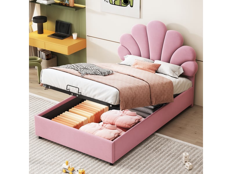 Lit coffre enfant 90 × 200 cm 1 place avec rangement hydraulique et tête de lit réglable, sans matelas, rose - Conforama B
