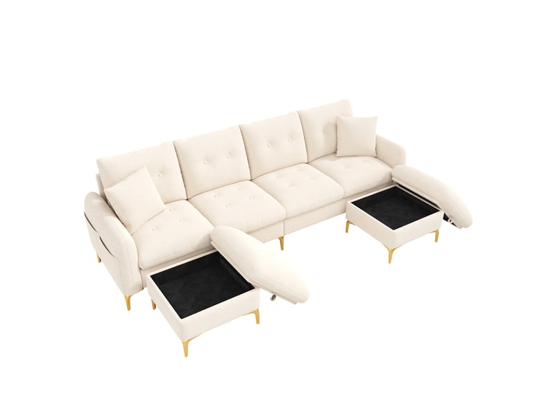  Canapé droit 4 places, canapé d'angle modulaire en u avec 2 poufs à rangement et 2 coussins déco, chenille beige  - Conforama A