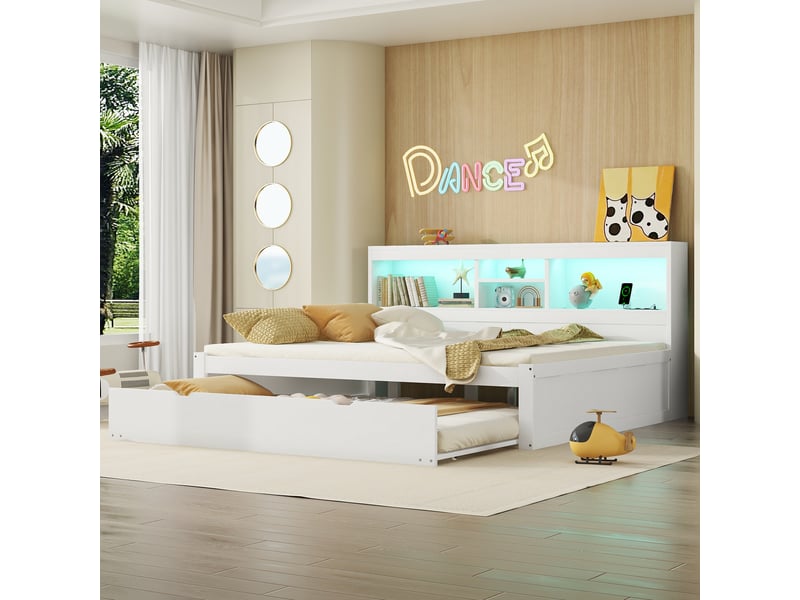  Lit banquette 140x200 cm blanc – lit gigogne, rangements, éclairage led et ports usb  - Conforama E