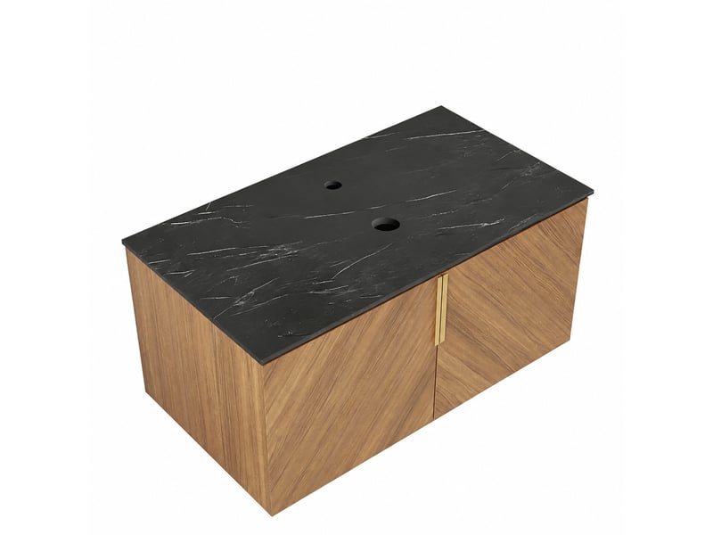  Meuble sous vasque sans vasque 91 cm, plan en pierre frittée, effet chêne brun  - Conforama B