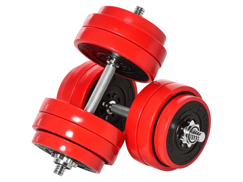  Ensemble d'haltères de 30 kg, haltères et barres réglables 2 en 1, musculation pour la remise en forme à domicile, renforcement musculaire, rouge et noir, 21,5 x 21,5 x 3,8 cm  - Conforama A