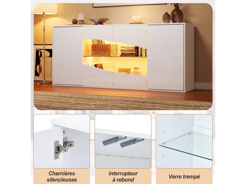  Buffet blanc laqué 160 cm avec éclairage led rgb, 4 portes dont 2 vitrées, 6 compartiments  - Conforama W