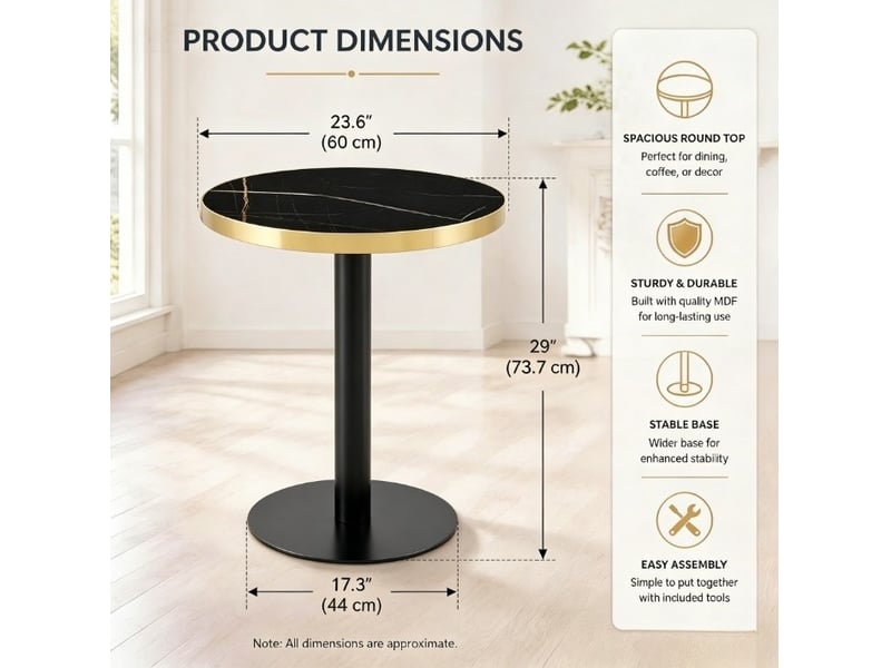  Table d’appoint ronde, 60 cm, table salon moderne table basse effet marbre, plateau mdf, piètement métal, coloris noir  - Conforama C