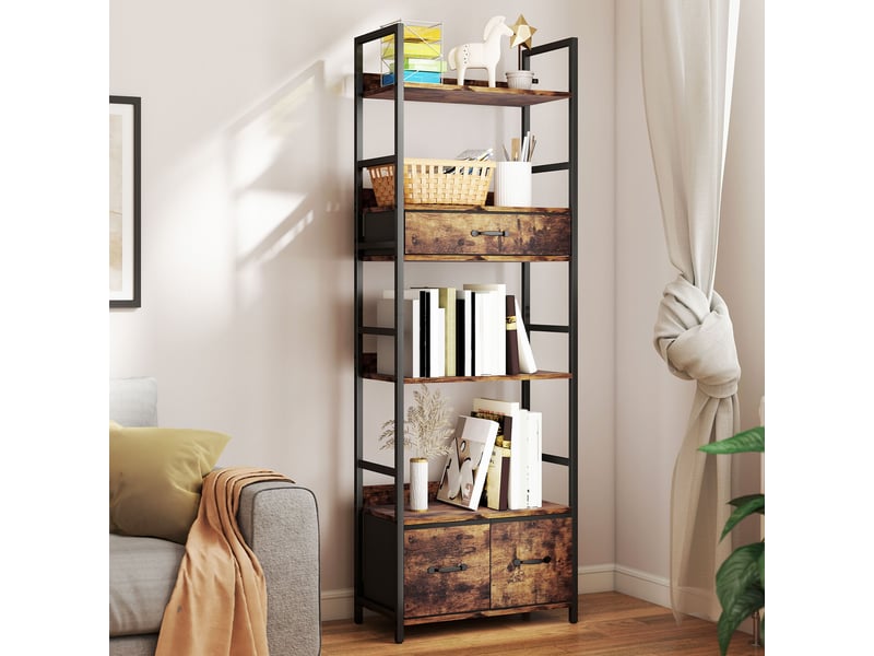  Bibliothèque étagère de rangement à 6 niveaux avec 4 étagères, 3 tiroirs en tissu, 60x30x176cm, brun rustique  - Conforama D