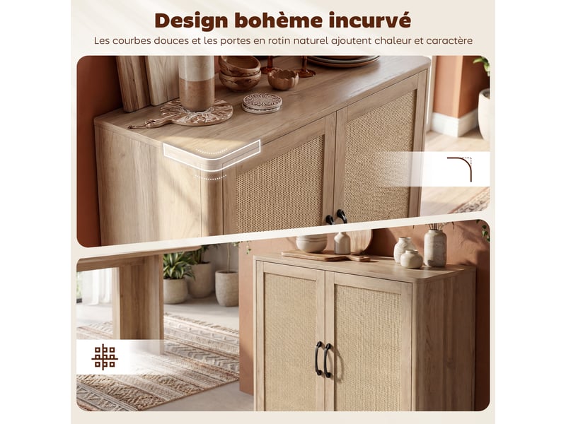  Buffet salon, meuble de rangement avec 2 portes en rotin, étagère réglable et bords arrondis, chêne, 76 x 35 x 75,5 cm  - Conforama A