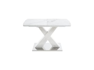 Table à manger extensible 120-160 cm, effet marbre blanc, pieds x en mdf, base métal
