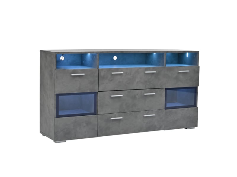 Buffet gris 140x33,5x72,5 cm avec led, 2 portes, 3 tiroirs et 3 compartiments ouverts, en bois - Conforama E
