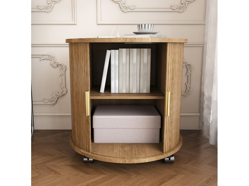  Table de chevet ronde avec porte coulissante, rangement à 2 niveaux et station de charge, mdf chêne clair, 60 × 60 × 60 cm  - Conforama B