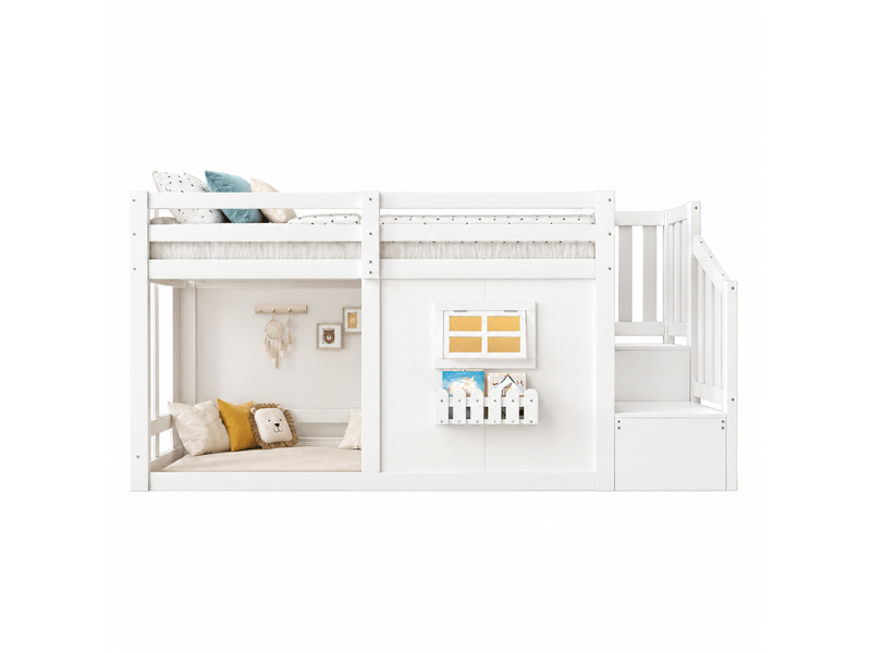  Lit mezzanine, lit simple avec escalier à 2 rangements, fenêtre et led, 200x90 cm, sans matelas, blanc  - Conforama A