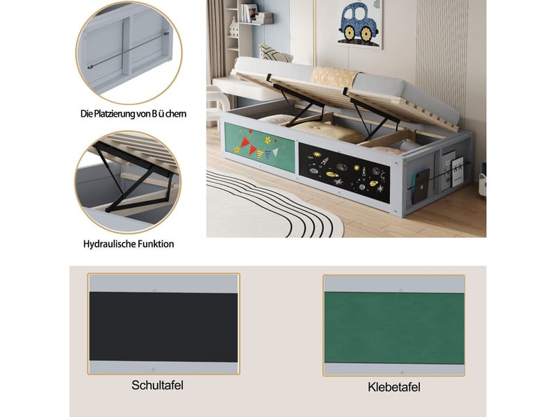  Lit coffre 90x200, coffre hydraulique lit une personne, tableau noir, rangement livres modulable, structure bois  - Conforama E