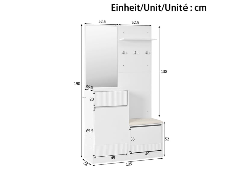  Vestiaire d'entrée - 105x38x190cm - ensemble meuble d'entrée avec éclairage led app, miroir, banc &amp; meuble chaussures - blanc  - Conforama D