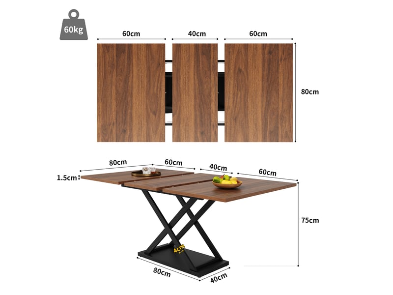  Table à manger extensible 120-160x80x75cm, style croisé, panneau aggloméré et structure métallique finition noyer noir, meuble moderne pour cuisine et salon  - Conforama C
