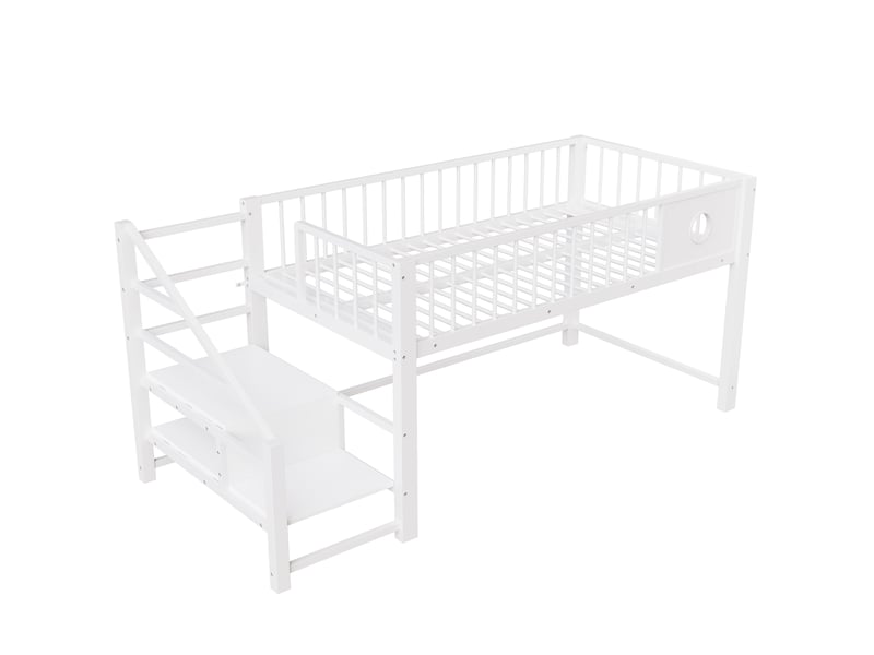 Lit mezzanine bas 90x200cm, échelle de rangement, cadre métal robuste, enfant ado, sécurité 120kg, blanc - Conforama W