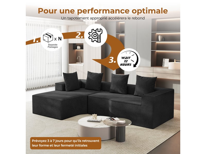  Canapé d'angle gauche modulaire 3 places compressé en velours côtelé,mousse haute densité,sans assemblage,canapé de salon,270x152x59cm,noir 270x152x59CM - Conforama W