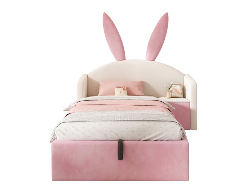  Modenvie lit enfant 90x200 cm - avec rangement hydraulique et table de chevet, sans matelas - beige et rose  - Conforama A