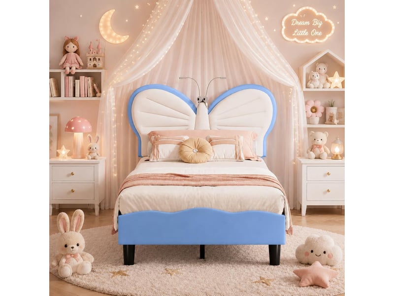  Lit enfant fille 90x200 cm – tête de lit papillon avec lampe de lecture intégrée – hauteur réglable 87,5-92,5 cm – velours – structure renforcée jusqu'à 350 lbs – sommier à lattes inclus  - Conforama B
