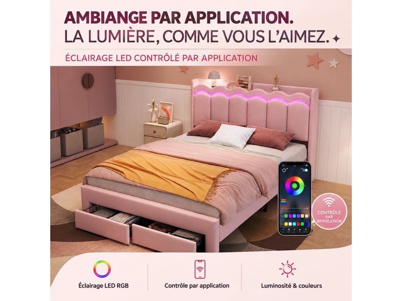 Lit double 140x200 cm avec éclairage led, lit rembourré, lit enfant, tête de lit avec espace de rangement, rose - Conforama B