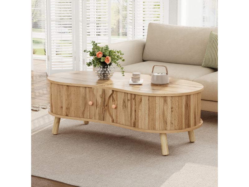  Table basse de salon naturel effet bois avec 2 portes coulissantes et rangement design organique 108x50x37 cm  - Conforama C