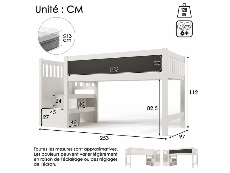  Lit mi-hauteur enfant blanc 90 x 200 cm avec escalier de rangement  - Conforama C