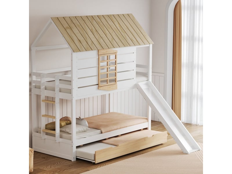  Lit superposé - 90x200cm - toboggan et lit gigogne - lit cabane superposé - bois pin massif, sécurisé, blanc et naturel  - Conforama B