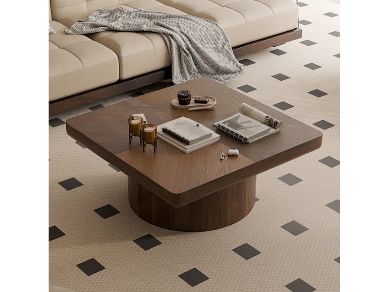 Table basse carrée 78 cm en bois et mdf avec plateau plaqué bois et base cylindrique pour salon coloris noyer - Conforama B