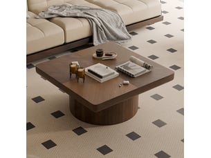 Table basse carrée 78 cm en bois et mdf avec plateau plaqué bois et base cylindrique pour salon coloris noyer