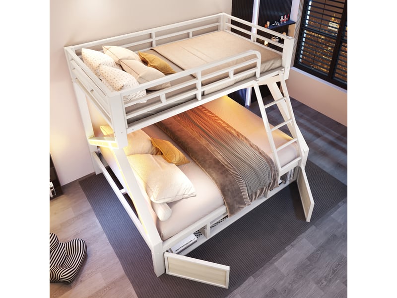  Lit superposé 90 x 200 cm + 140 x 200 cm – avec espaces de rangement – ​​avec barrières de sécurité – avec échelle – blanc (matelas non inclus)  - Conforama D