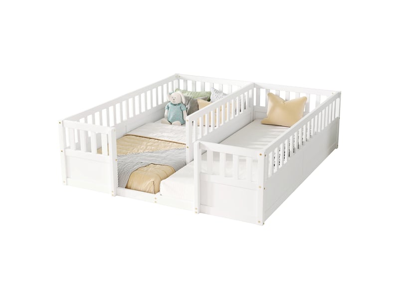 Lit au sol enfant double 90 × 200 cm en bois de pin avec barrières de sécurité semi-fermées - blanc - Conforama A
