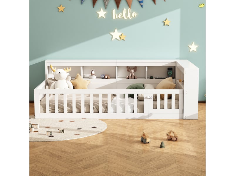 Lit enfant 90x200cm, sommier, garde-corps, tête de lit, port usb, rangement inclus, aggloméré, blanc, sans matelas - Conforama D