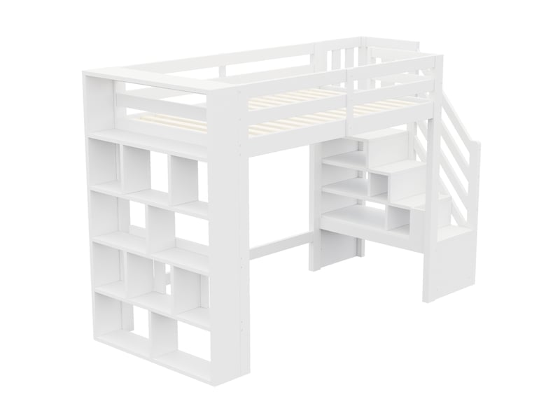  Lit mezzanine en bois 90 x 200 cm – avec étagères – avec barrières de sécurité – avec escalier de rangement – ​​avec éclairage led – blanc (matelas non inclus)  - Conforama W