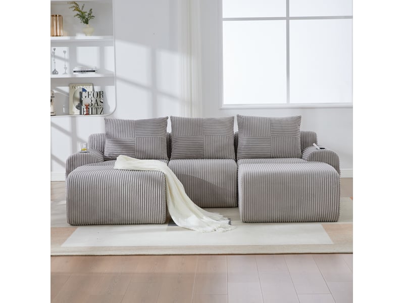  Canapé modulable 3 places 268x174x80 cm porte-gobelets poche latérale assise large confort velours côtelé gris clair  - Conforama D