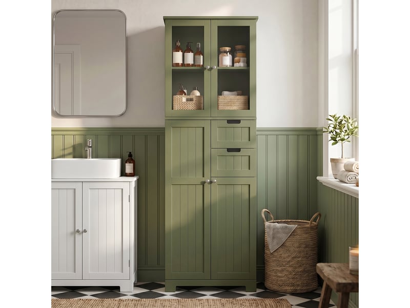  Armoire de rangement haute avec portes vitrées et étagères réglables pour salle de bain, cuisine, salon, verte  - Conforama C