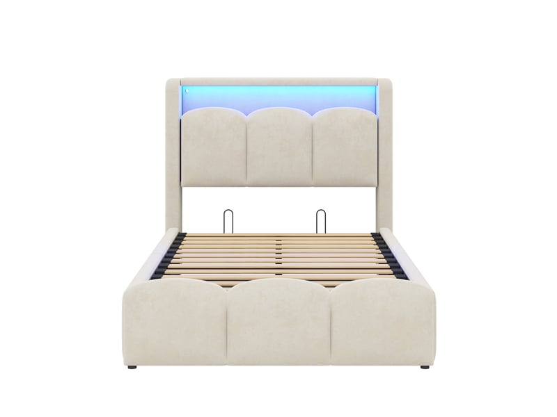 Lit enfant rembourré 90x200 cm beige avec rangement hydraulique, led, usb et type-c - Conforama A