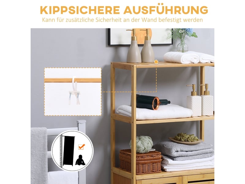  Meuble de salle de bain en bambou avec portes à lattes, étagère et finition bois naturel  - Conforama E