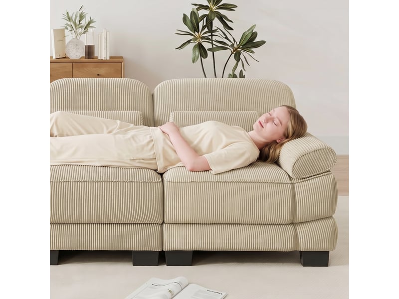  Canapé panoramique modulable 336 cm 4 places avec 2 poufs, design carré épuré, base et accoudoirs à matelassage en canaux, velours côtelé, beige  - Conforama C