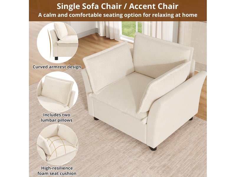  Fauteuil de salon 1 place 90x81x87 cm, accoudoirs courbés, 2 coussins, assise à ressorts, chenille beige  - Conforama E