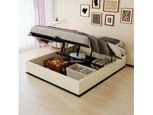 Lit double 160x200 avec sommier à lattes et matelas beige homvra