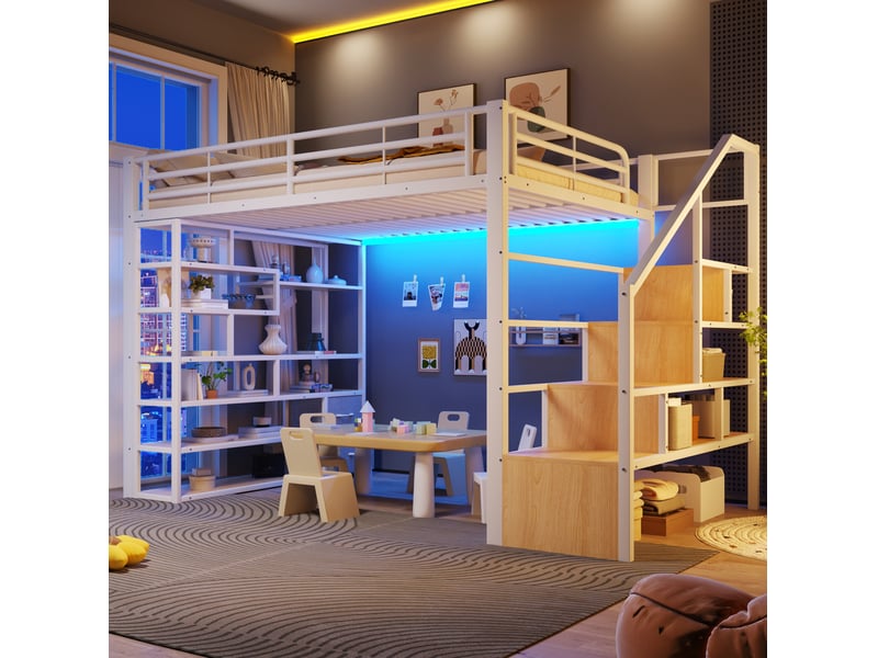 Lit mezzanine 140x200 cm avec rangements, led et garde-corps blanc - Conforama B