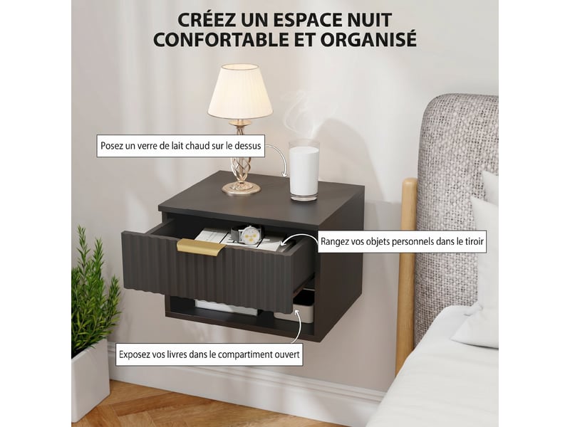  Lot de 2 tables de chevet suspendues 40 x 34 x 29 cm tiroir à fermeture douce design flottant moderne épuré en mdf noir 21_0003761  - Conforama D