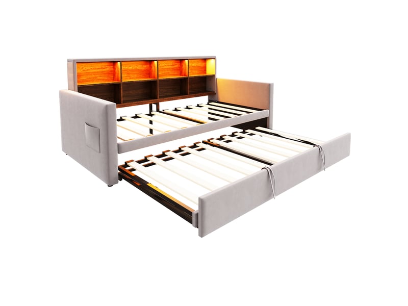 Lit canapé velours gris clair 90x190 cm avec lit gigogne, rangements, led et usb - Conforama E