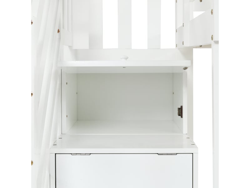  Lit cabane superposé 90x200 cm bois blanc et gris - escalier, 3 tiroirs, toit et garde-corps, sans matelas  - Conforama D
