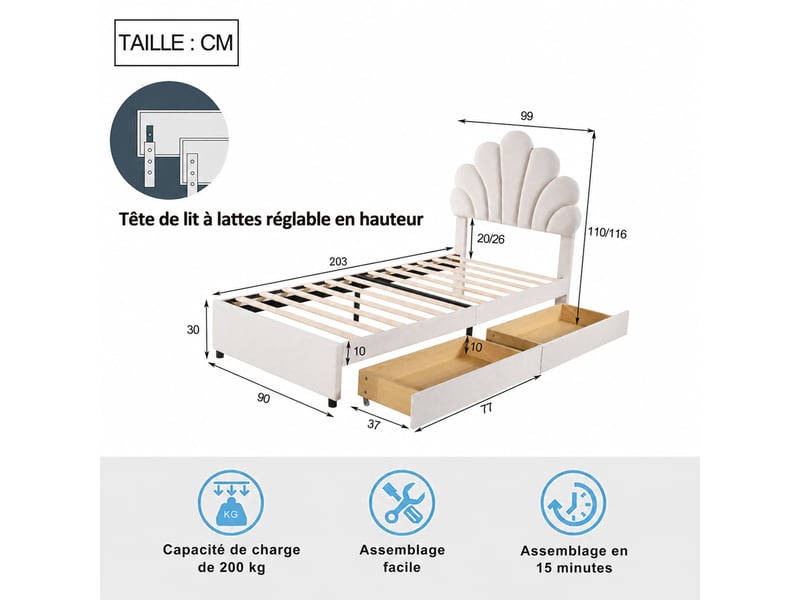  Lit enfant 90x200 cm en velours, lit simple avec tête en forme de pétales et 2 tiroirs, sans matelas, beige  - Conforama D