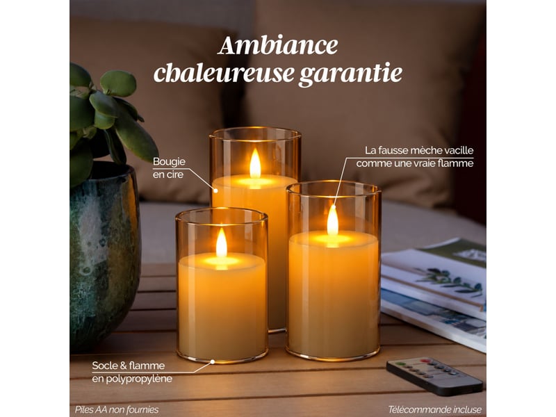  Lot de 3 bougies à led, flamme vacillante, luminosité réglable - minuterie 2, 4, 6, 8h - doré  - Conforama C